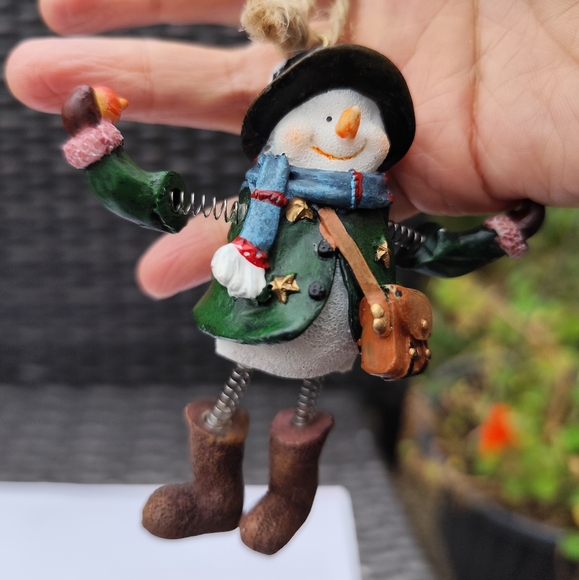 Snowman Ornament Green Jacket Brown Purse Boots and Spring legs - Picture 1 of 5